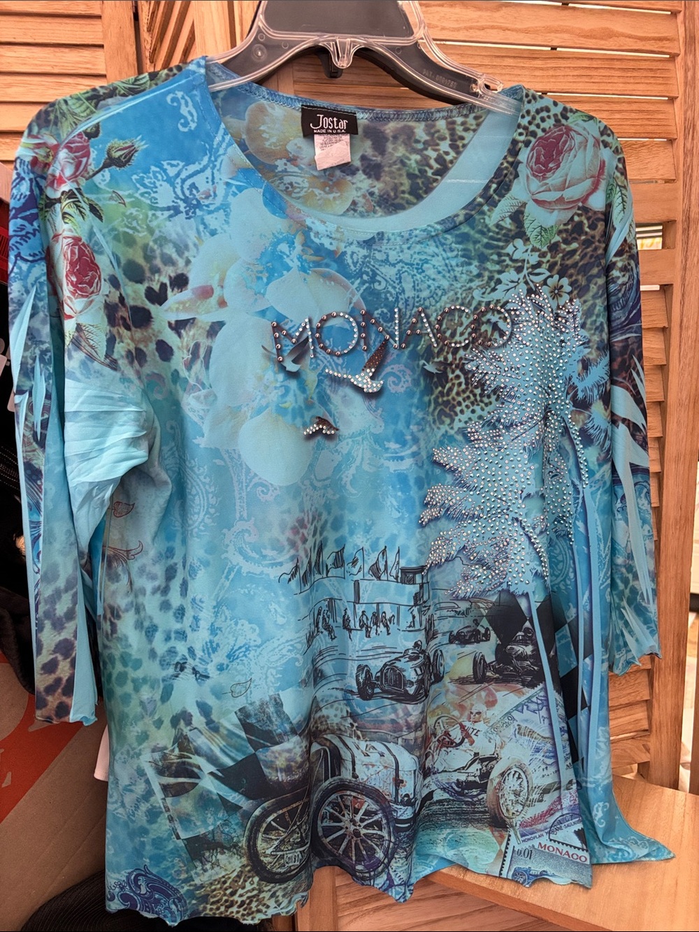 Jostar Blue Floral Rhinestone 'Monaco' Long Sleeve Top Large